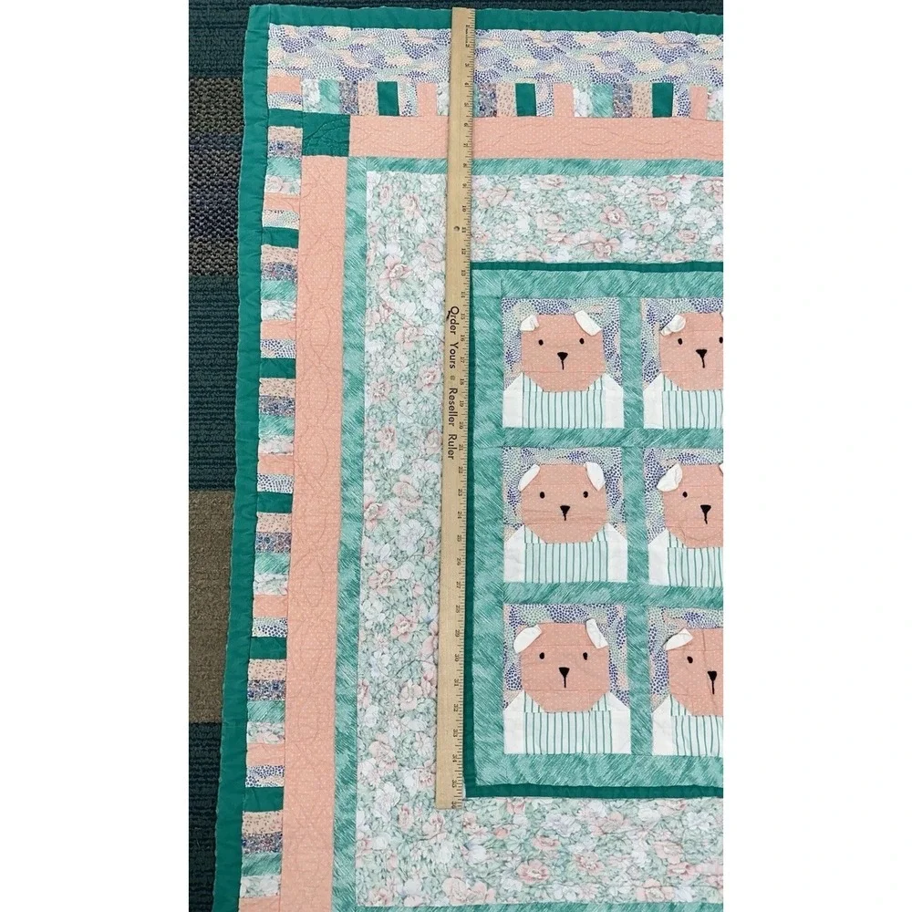 Handmade Teddy Bear Quilt‎ Pastel Floral Patchwork Baby Crib Blanket Pink Green